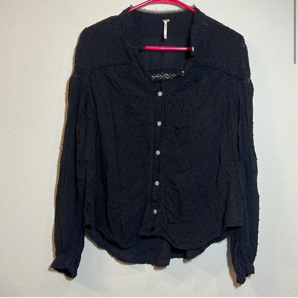 Free People Black Clip Dot Textured Button Front Shirt Medium
